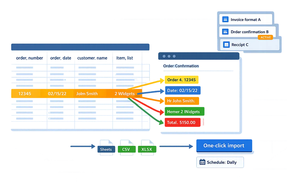 annotated spreadsheet showing columns order_number, order_date, customer_name, item_list, total_amount mapped from an example email body