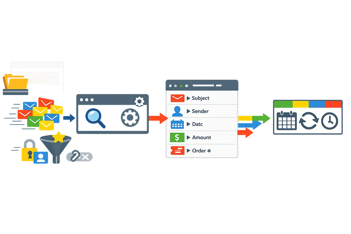 flow diagram showing email inbox β parser β field mapping β scheduled import β Google Sheet table