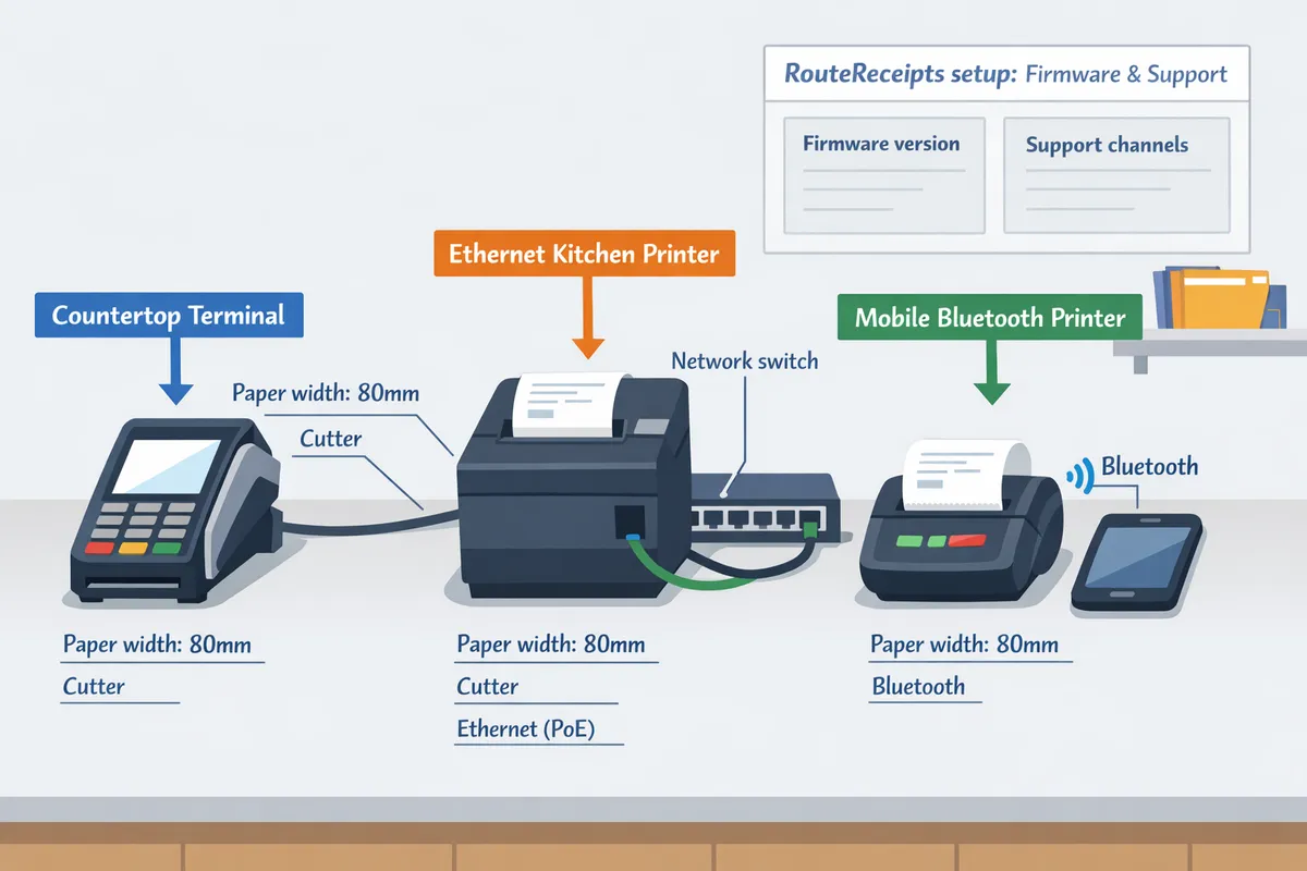 diagram showing countertop terminal, Ethernet kitchen printer, and mobile Bluetooth printer with labels for paper width, cutter, and network connections