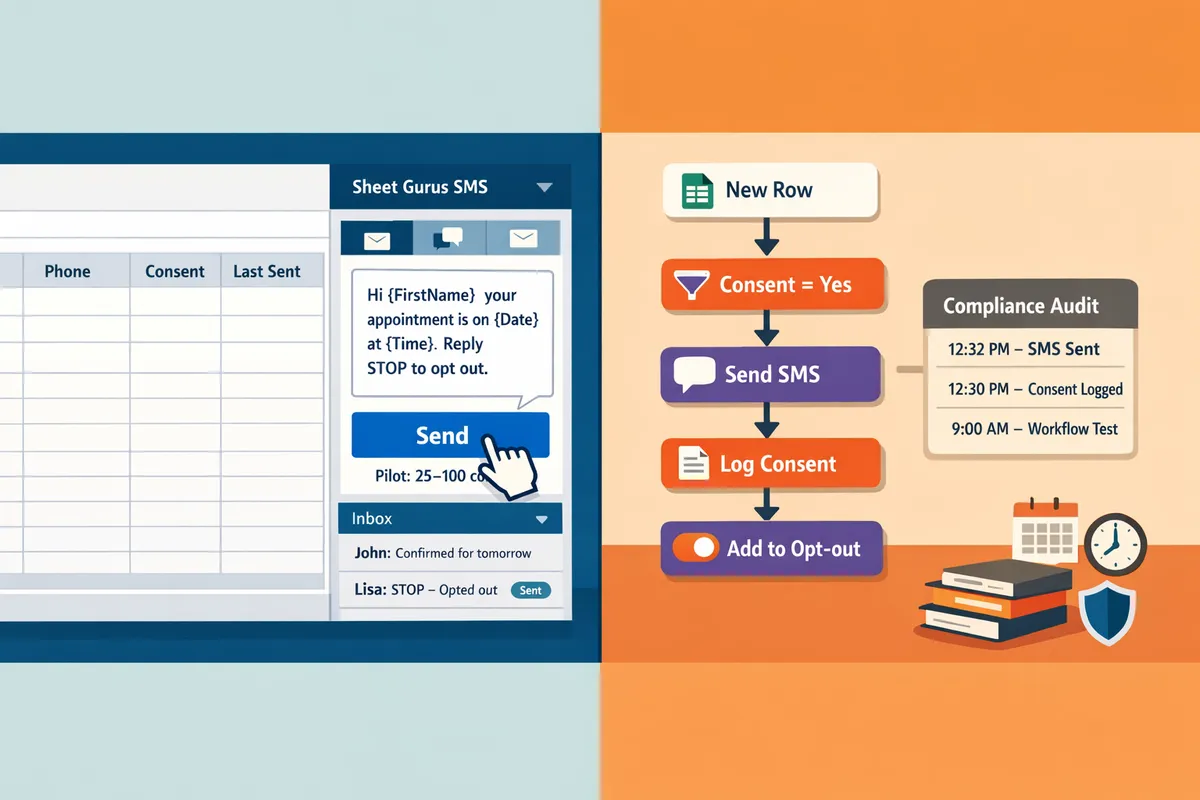 split-screen showing a Google Sheets sidebar add-in on the left and a Zapier workflow diagram on the right