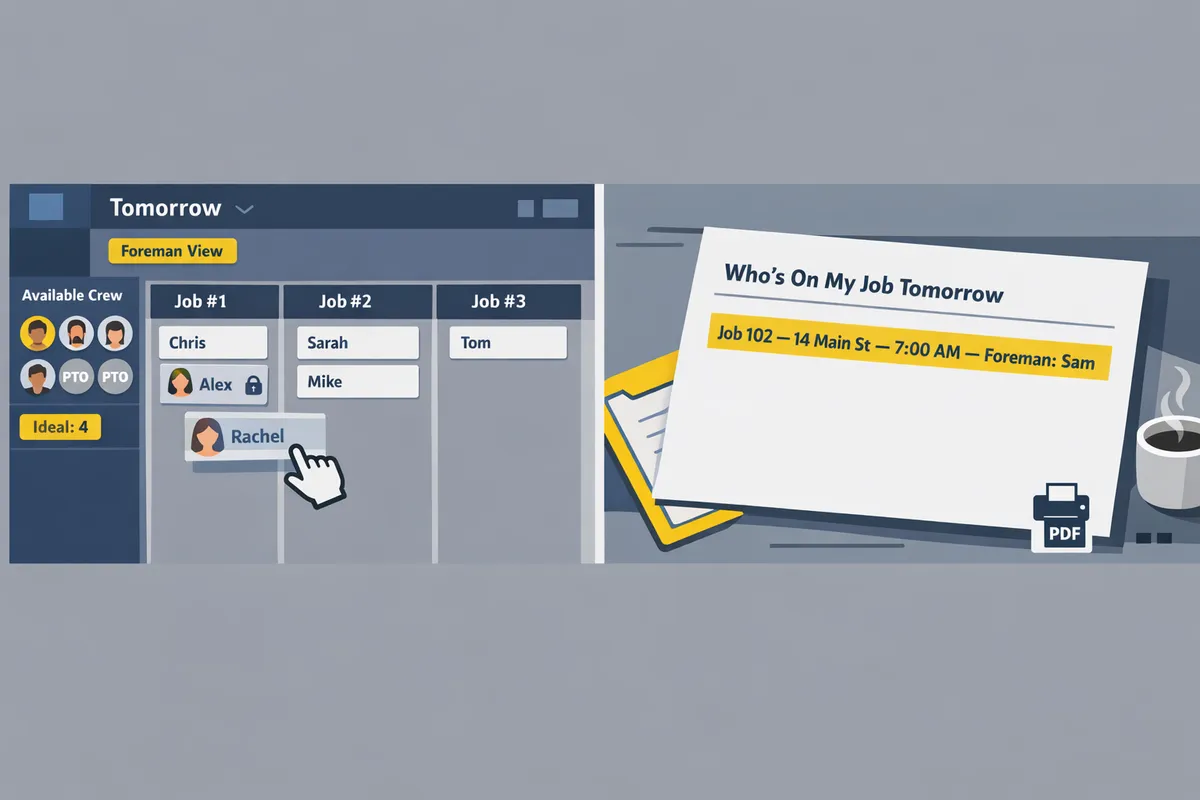 side-by-side view of Crew Sheet Day board set to tomorrow and the exported PDF preview showing the 'Who\'s On My Job' template