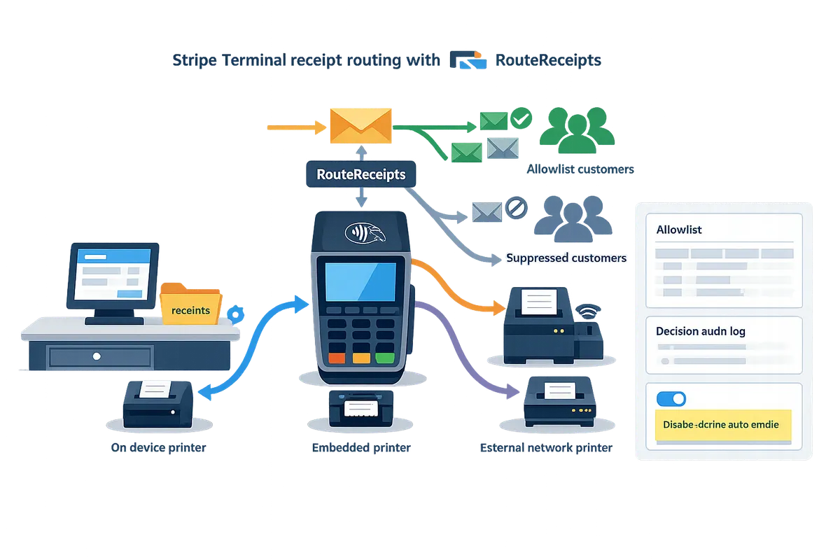 diagram showing on-device, embedded, and external printer paths for Stripe Terminal with RouteReceipts routing emails