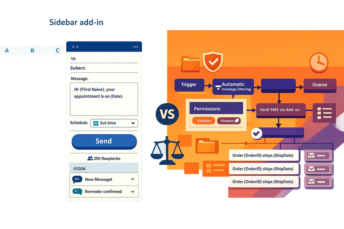 split-screen comparing a sidebar add-in composer with a connector workflow dashboard
