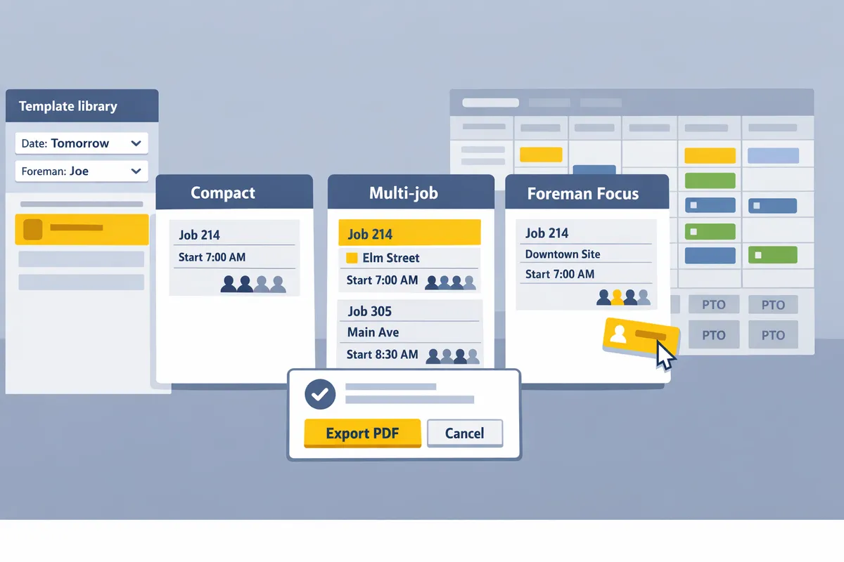side-by-side view of Compact, Multi-job, and Foreman Focus PDF templates with example data filled in