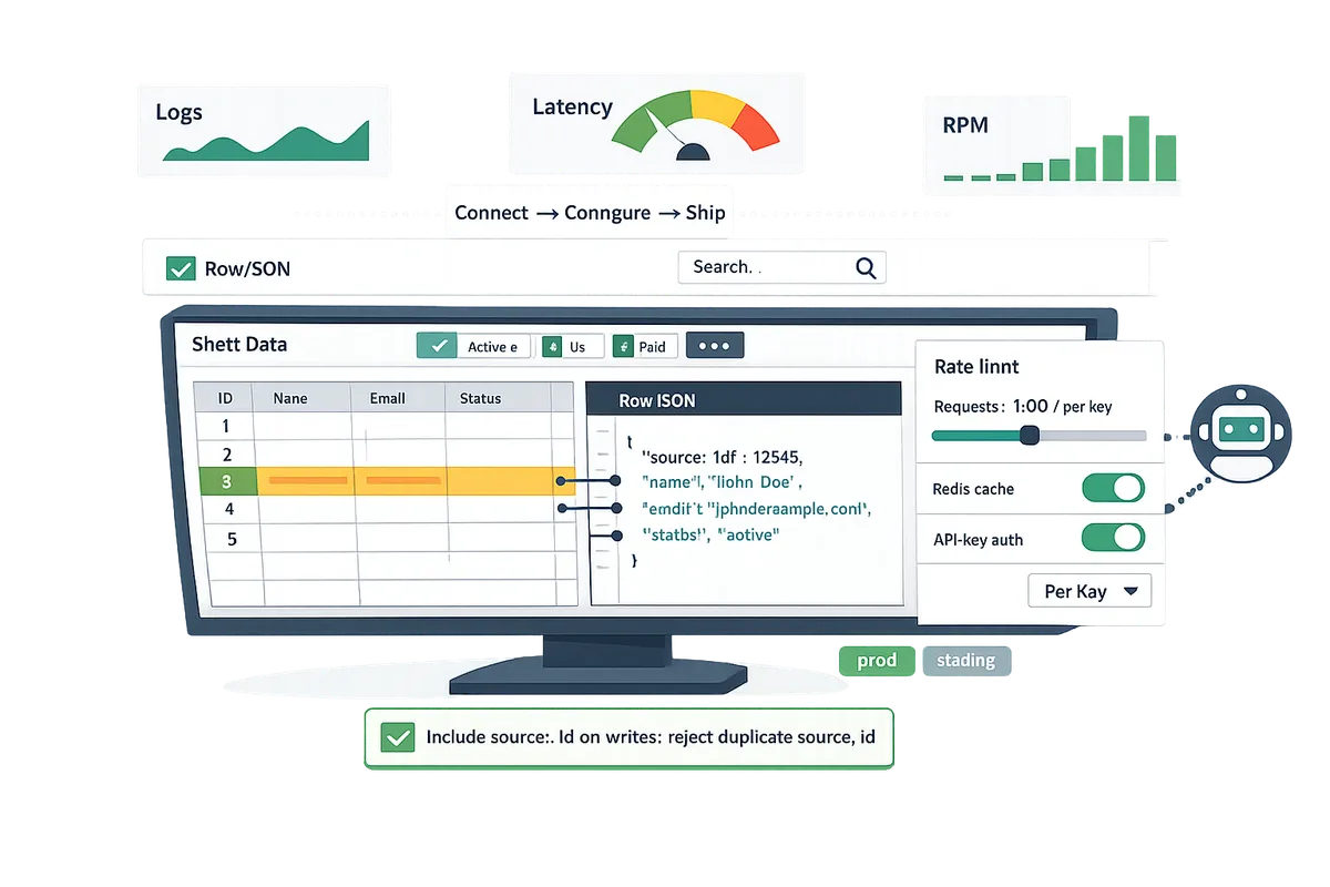 developer dashboard showing row-level JSON, filters, and rate limit controls while mapping a spreadsheet to an API