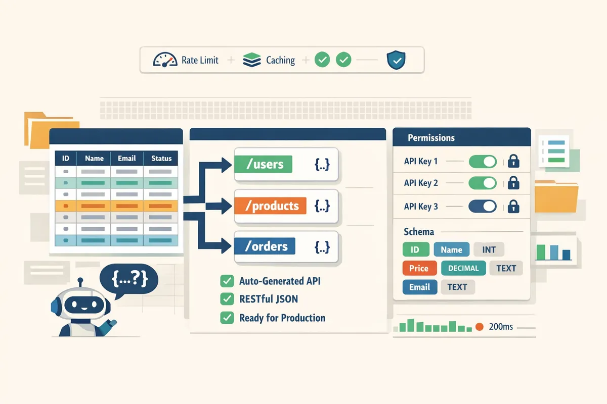 developer dashboard showing a Google Sheet mapped to API resources, permissions panel, and schema columns