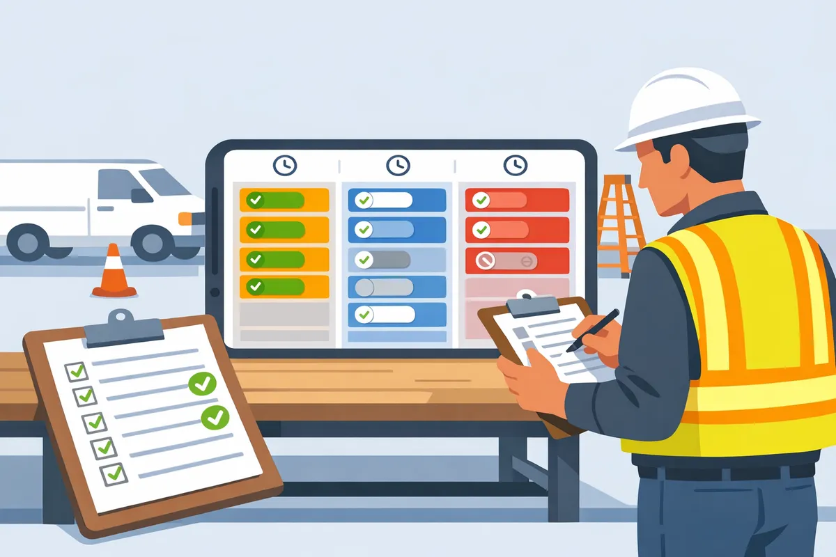 printed one-page roster, a phone showing the CrewSheet day board, and a foreman holding a clipboard at a jobsite