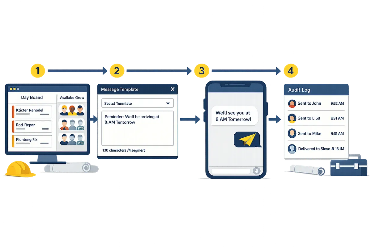 flow diagram showing schedule build → select template → send SMS → audit log entry