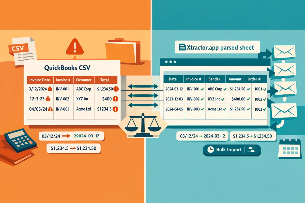 split-screen showing a QuickBooks CSV template on the left and xtractor.app extracting invoice fields into Google Sheets on the right
