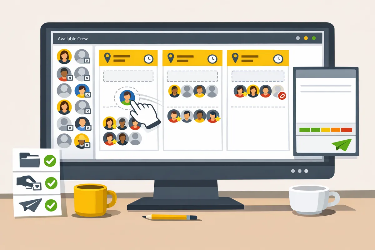 desktop view of a day board showing job cards, an available crew pool, and PTO-marked workers grayed out