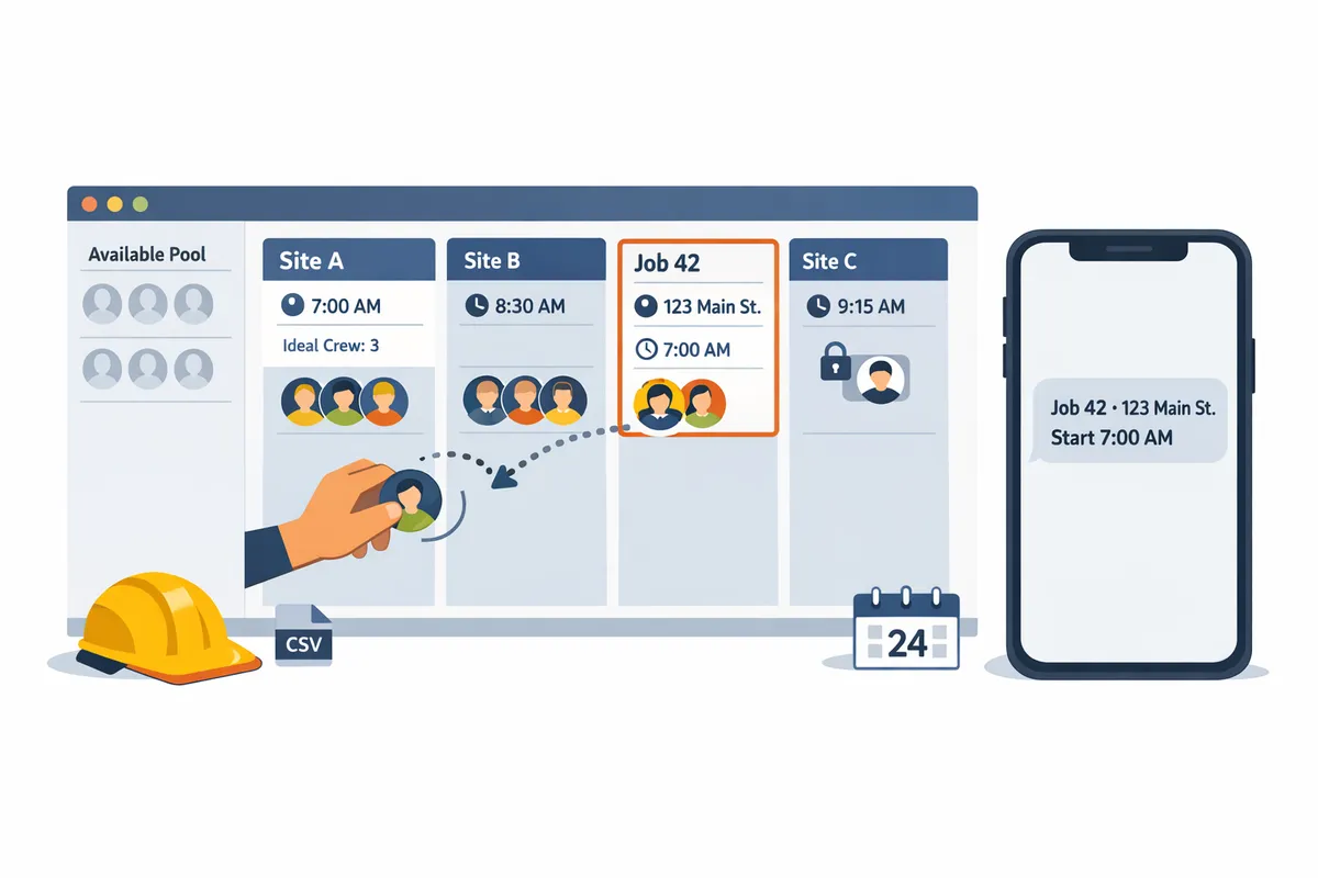 split-screen showing a drag-and-drop day-board on the left and a sample SMS message to a crew member on the right