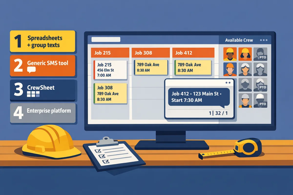 example day-board with job columns, crew pool, and a highlighted SMS template preview showing character counter