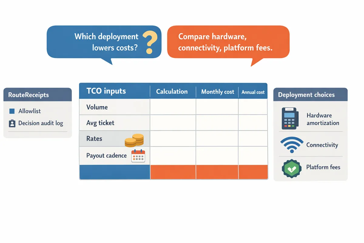 table showing TCO inputs (volume, avg ticket, rates), calculation rows, and resulting monthly and annual cost columns