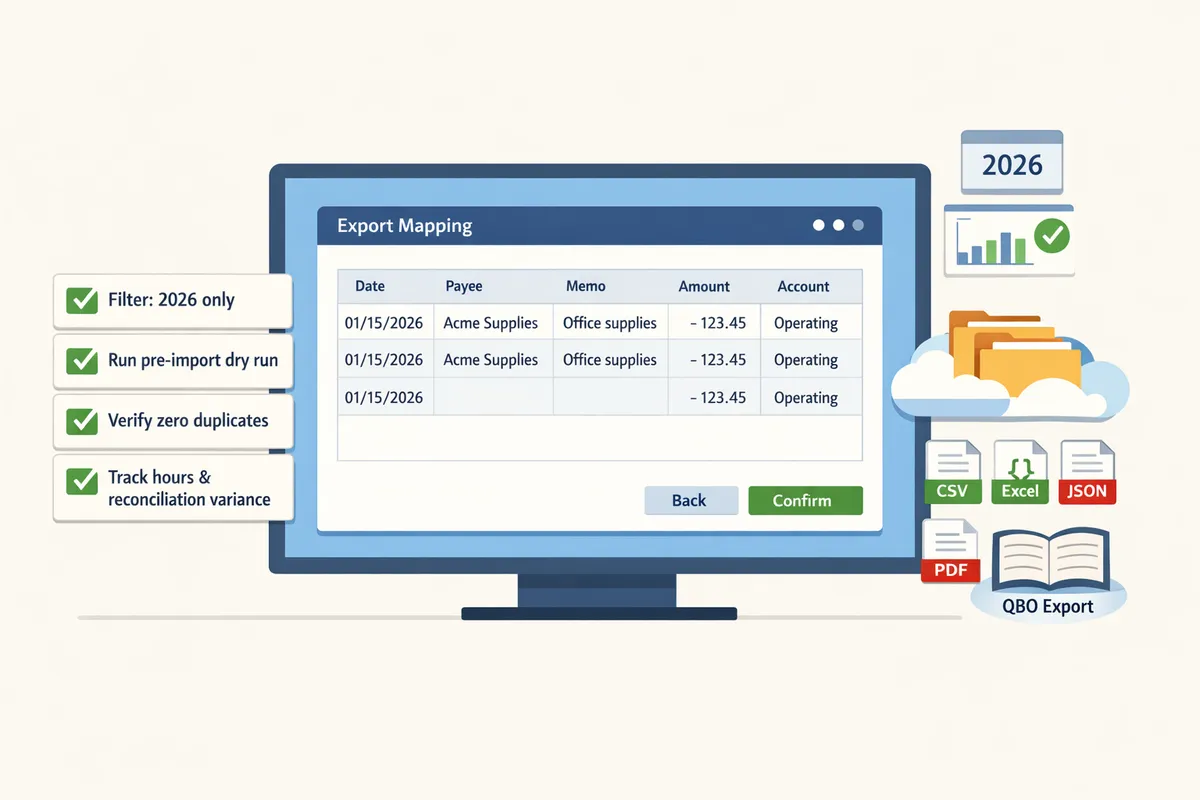 screenshot of Rocket Statements export mapping window showing Date, Payee, Memo, Amount, and Account columns