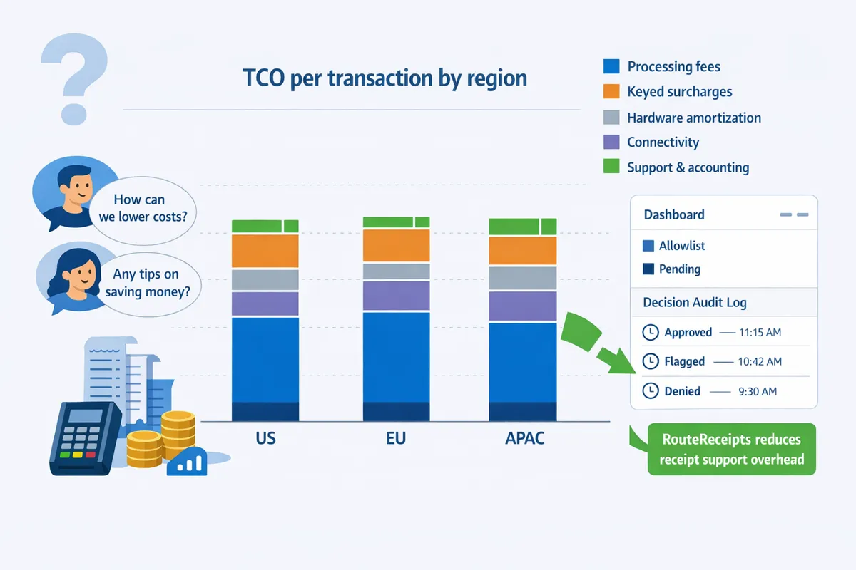 chart comparing per-transaction cost components including processing fees, keyed surcharges, hardware amortization, and connectivity plans across regions