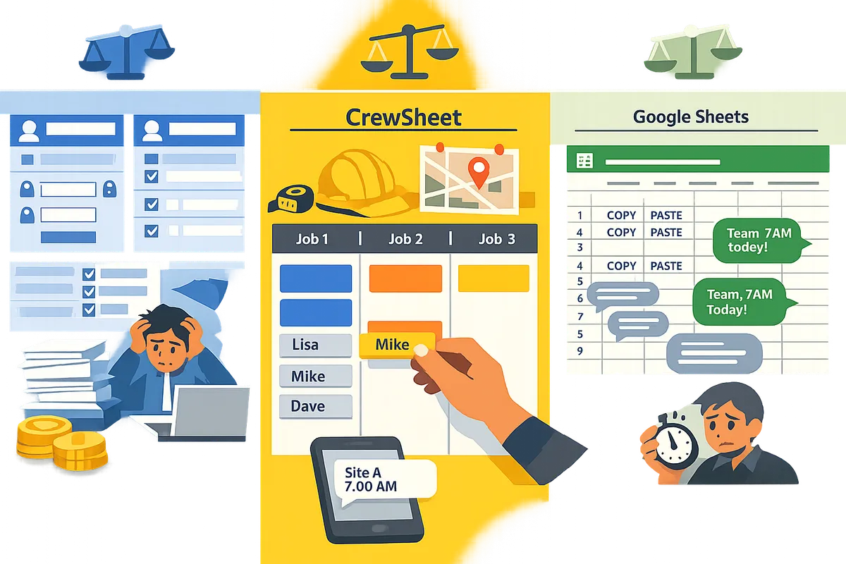 split-screen comparing a rigid enterprise scheduler, a drag-and-drop day board, and a Google Sheet with group texts