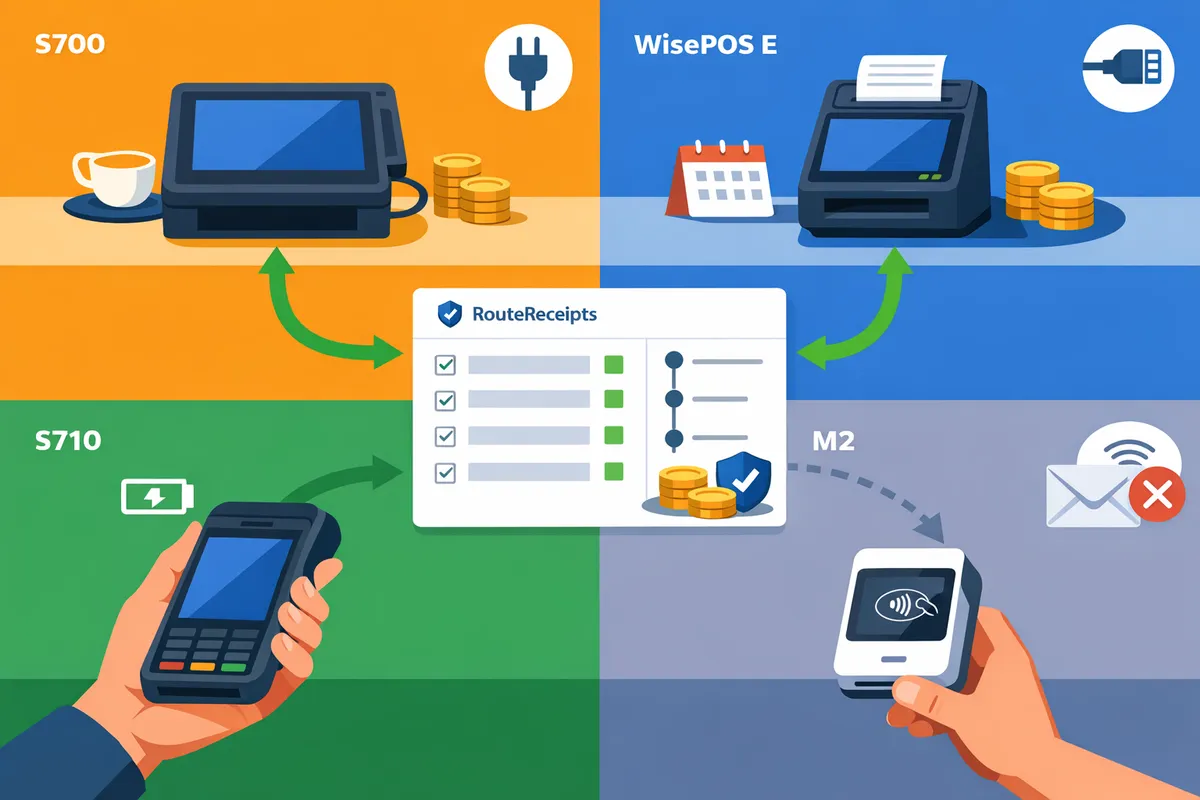 side-by-side comparison of S700, S710, M2, and WisePOS E showing form factor and receipt flow diagram