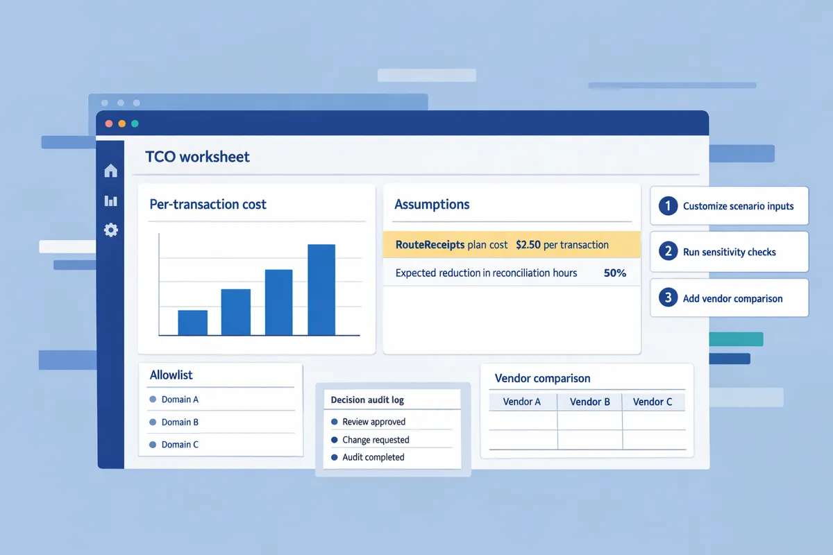 screenshot of the TCO template presentation worksheet with a per-transaction cost chart and assumptions table