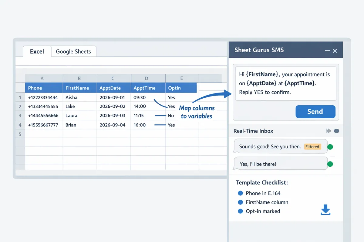 annotated screenshot showing a Sheet Gurus SMS sidebar next to an Excel sheet with columns Phone, FirstName, ApptDate, ApptTime, OptIn