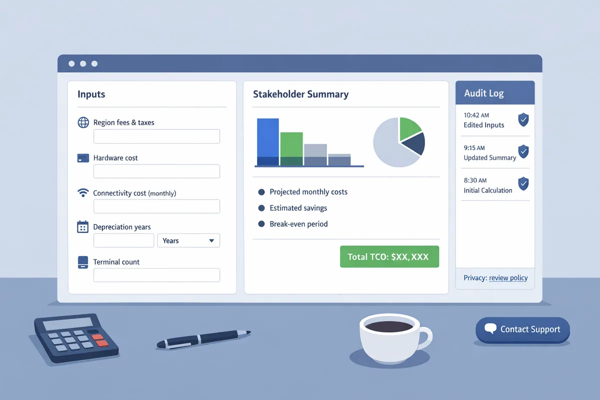sample TCO worksheet showing inputs on the left and a one-page stakeholder summary on the right