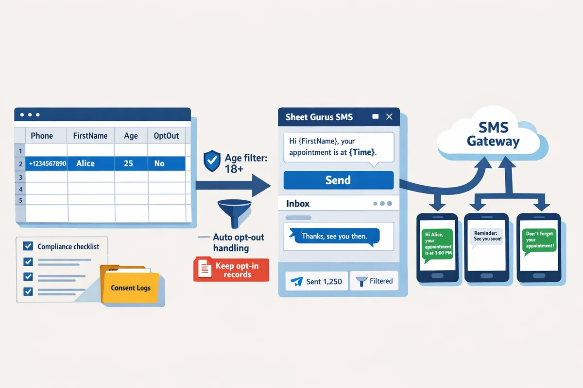 annotated diagram showing an Excel sheet with contact columns, the Sheet Gurus SMS sidebar composing a message with {FirstName} variables, and a delivery flow to an SMS provider