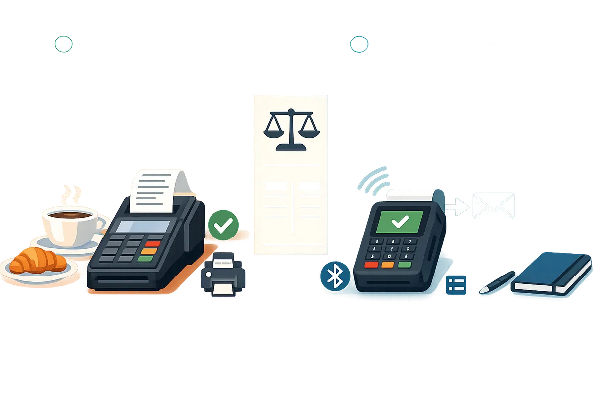 countertop reader printing a receipt next to a mobile reader sending an email receipt