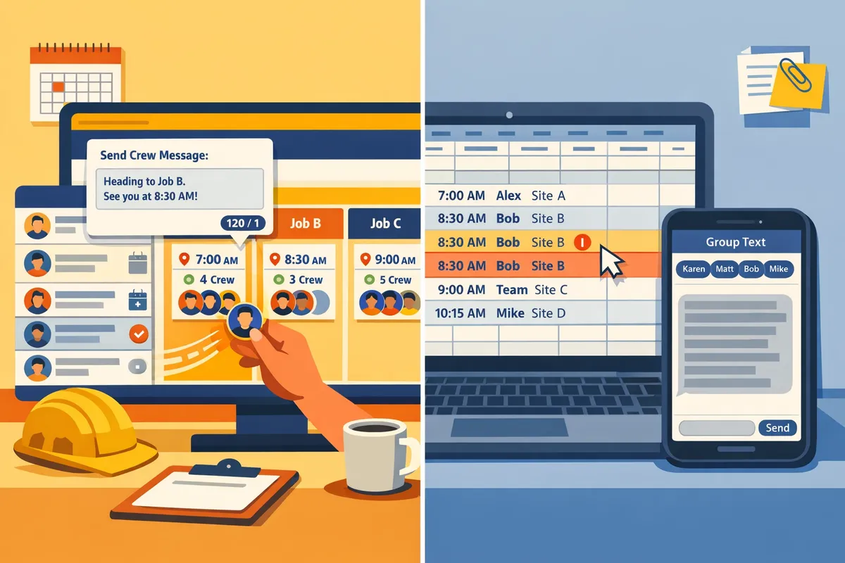 split-screen showing a drag-and-drop day board on one side and a spreadsheet with group text drafts on the other