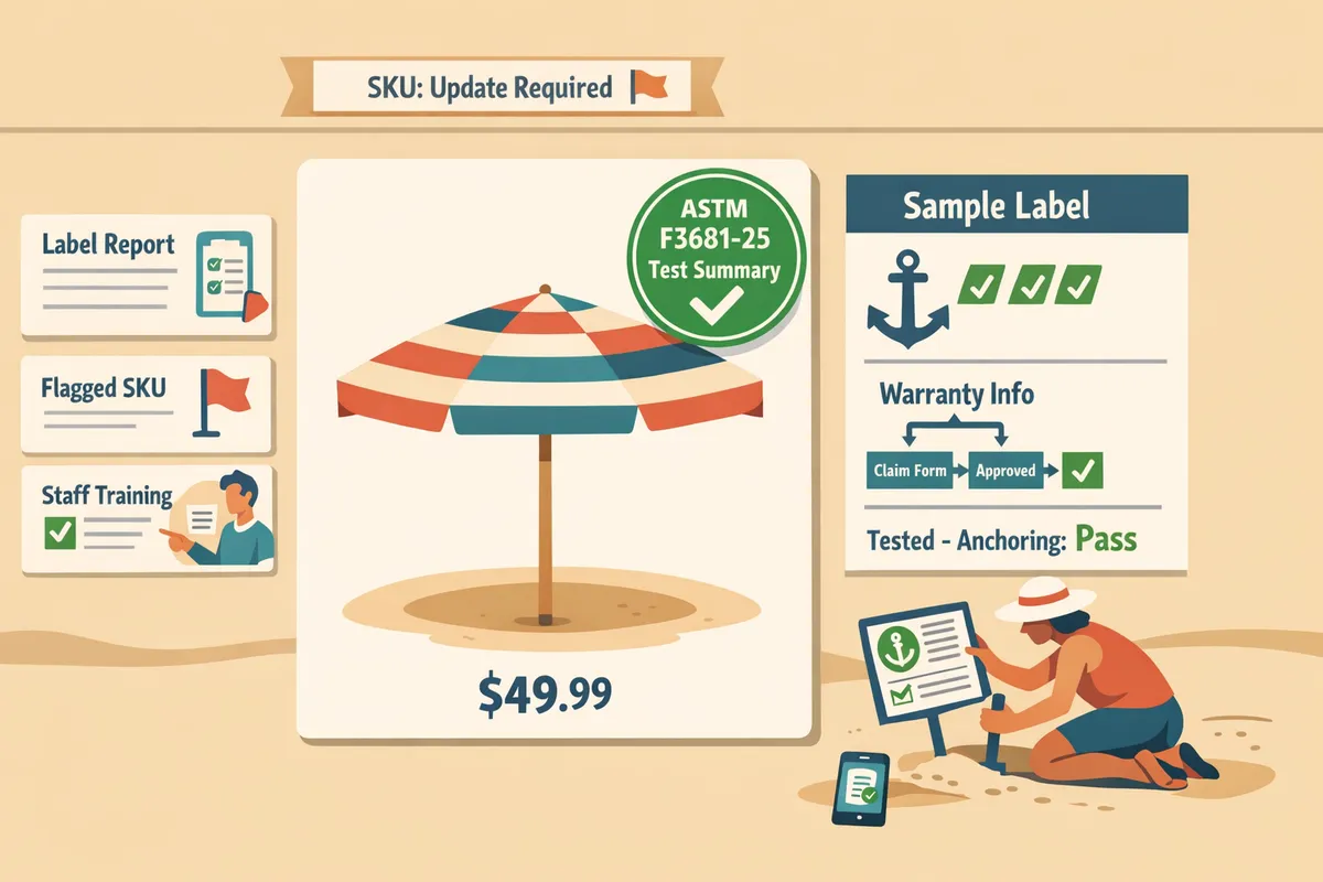 retail product page showing a beach umbrella listing with a labeled test-summary badge and sample label artwork