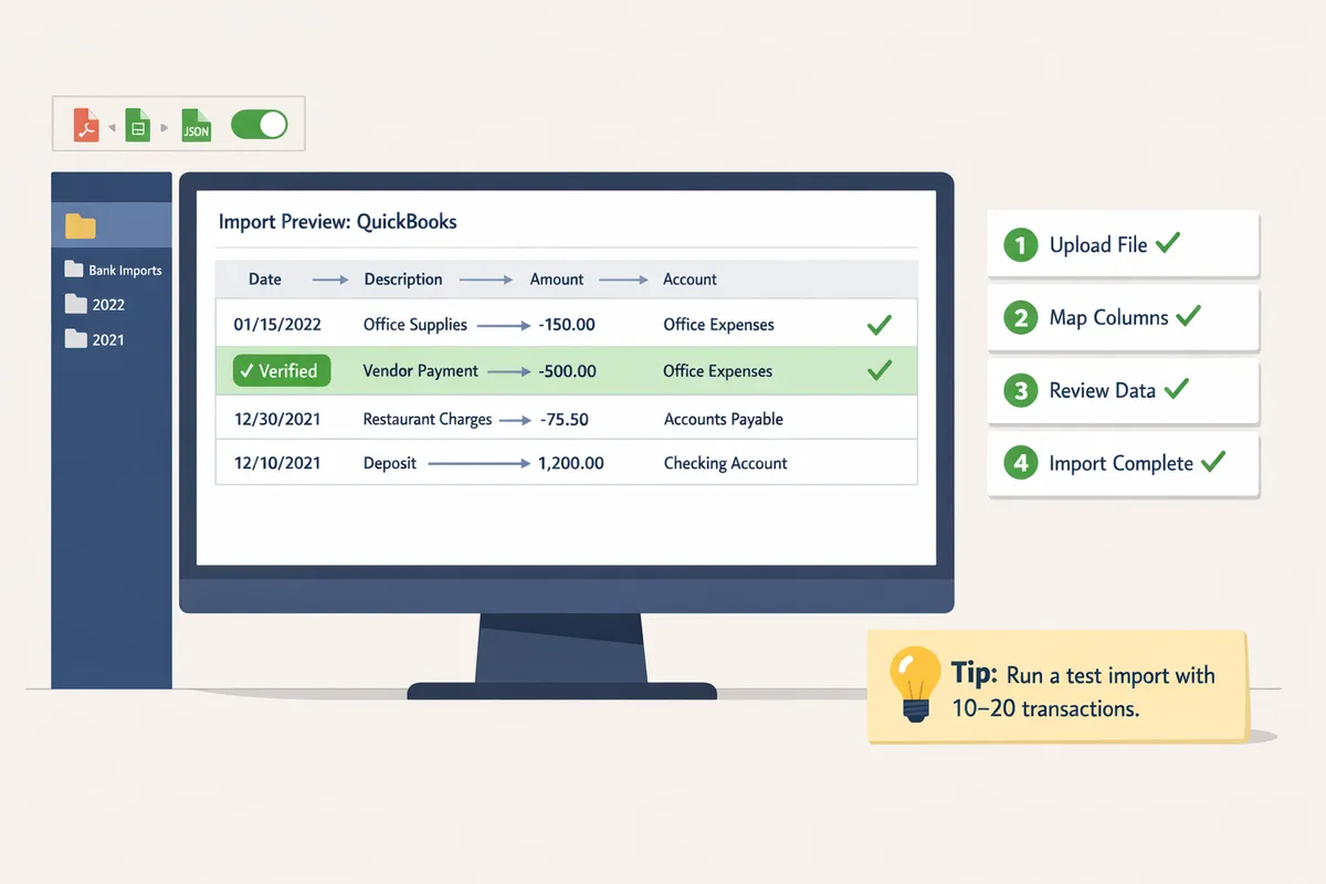 sample QuickBooks import preview showing mapped columns and a verified sample transaction