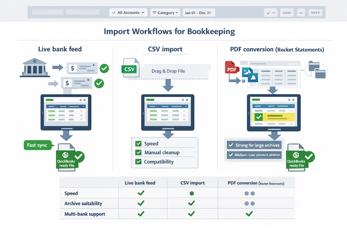 side-by-side comparison of three import workflows: live bank feed, CSV import, and PDF conversion with Rocket Statements
