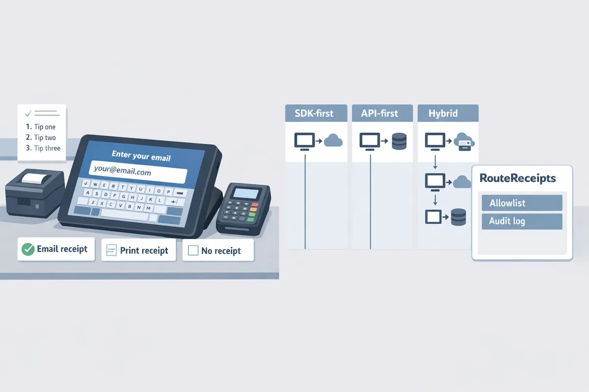 POS tablet showing email entry screen next to a card reader and printed receipt options