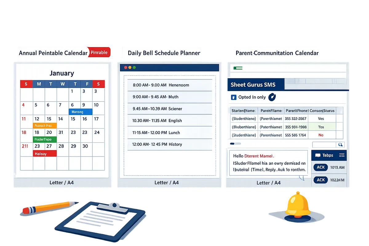 side-by-side preview of Annual Printable Calendar, Daily Bell-Schedule Planner, and Parent-Communication Calendar filled with sample data