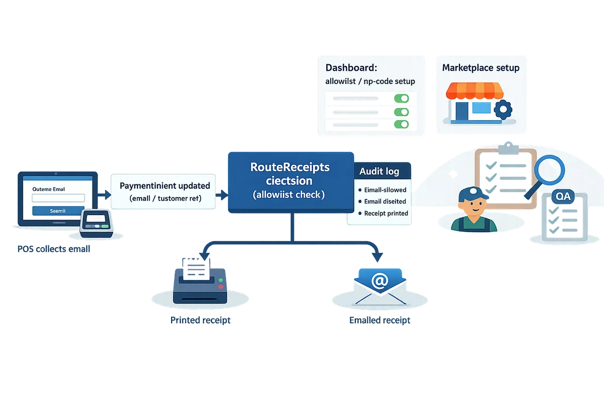 Stripe Terminal receipts integration flow diagram showing POS collecting email, PaymentIntent update, RouteReceipts decision, and printed/email receipt paths