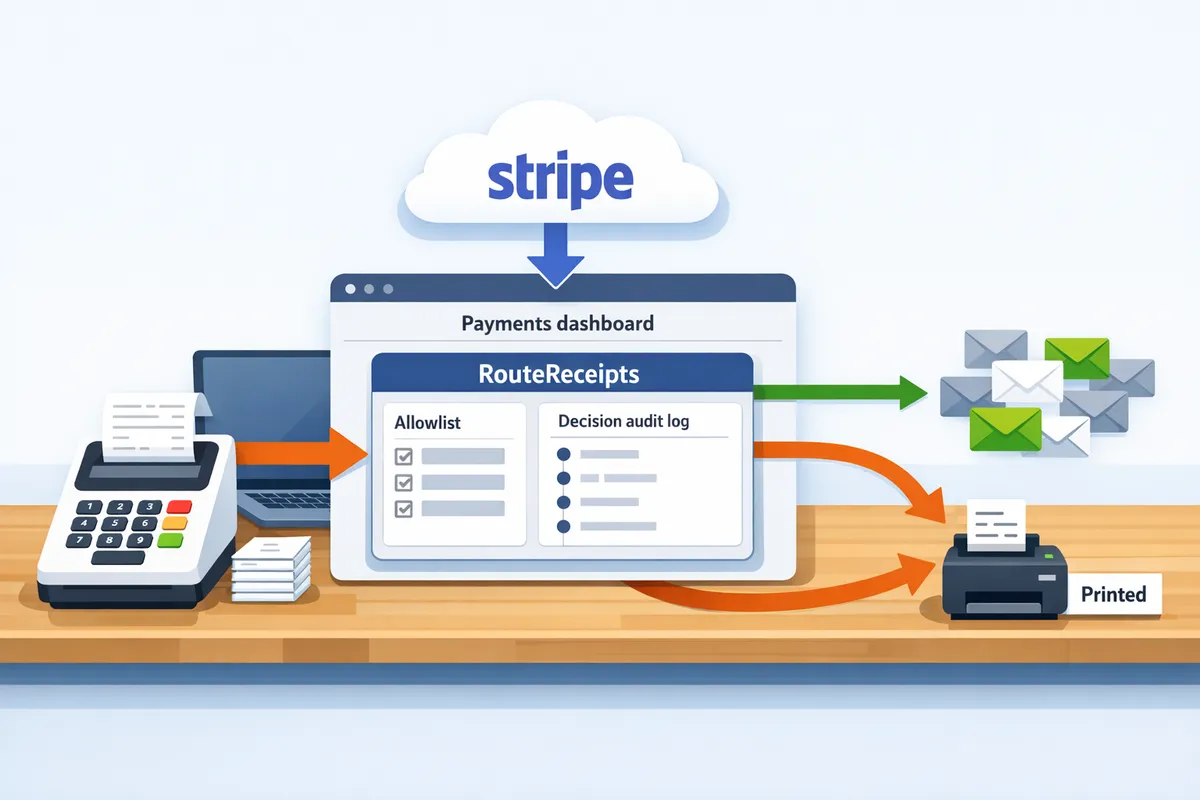 Architecture diagram showing Stripe Terminal reader sending payment data to Stripe, Route Receipts app intercepting email-delivery decisions, and printed receipts remaining on the reader