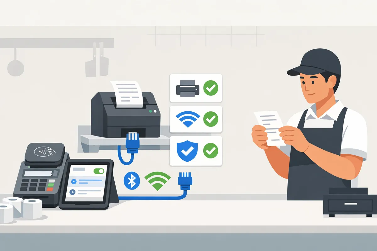 countertop POS with a Stripe reader, a network kitchen printer, and a staff member testing a paper receipt