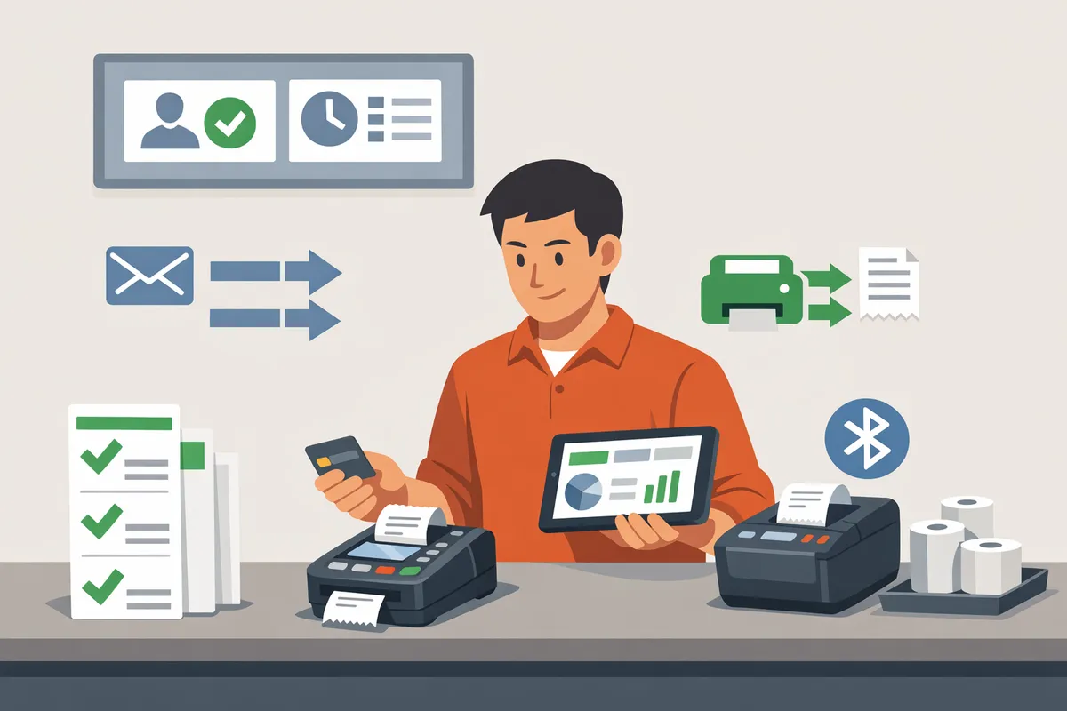 technician testing a countertop reader with an embedded receipt printer next to a Bluetooth thermal printer on a retail counter