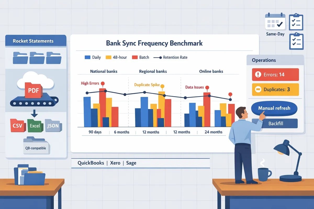 benchmark chart showing daily, 48-hour, and batch sync frequencies across national, regional, and online banks with historical window ranges from 90 days to 24 months
