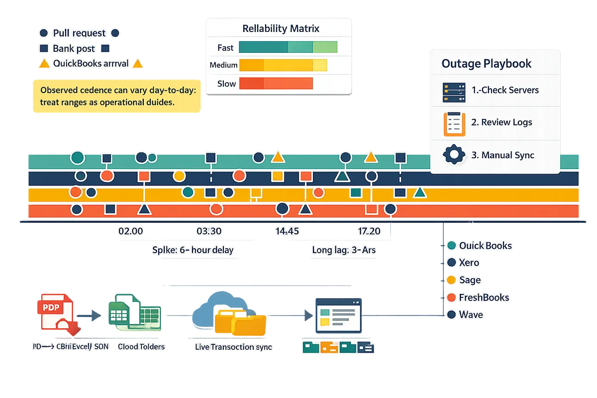 timeline showing sample refresh events from multiple banks with markers for pull requests, bank-post timestamps, and QuickBooks company-file arrivals