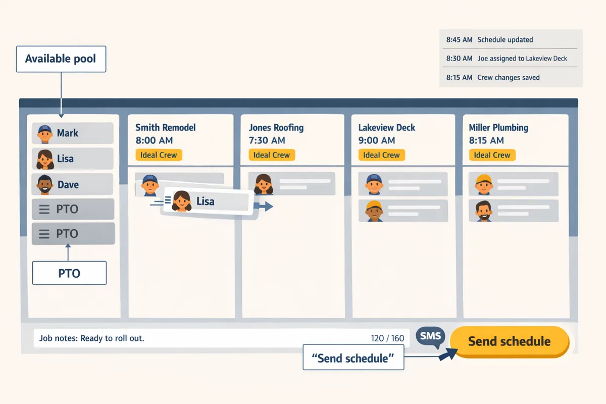 annotated screenshot of a day board with jobs as columns, an available pool on the left showing grayed-out PTO entries, and a send-schedule button highlighted