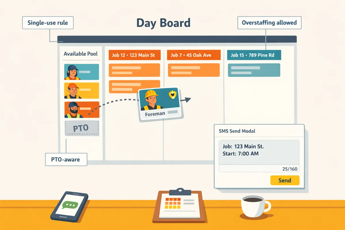 annotated day-board diagram showing jobs as columns, an available crew pool sidebar, a PTO indicator, and an SMS send modal