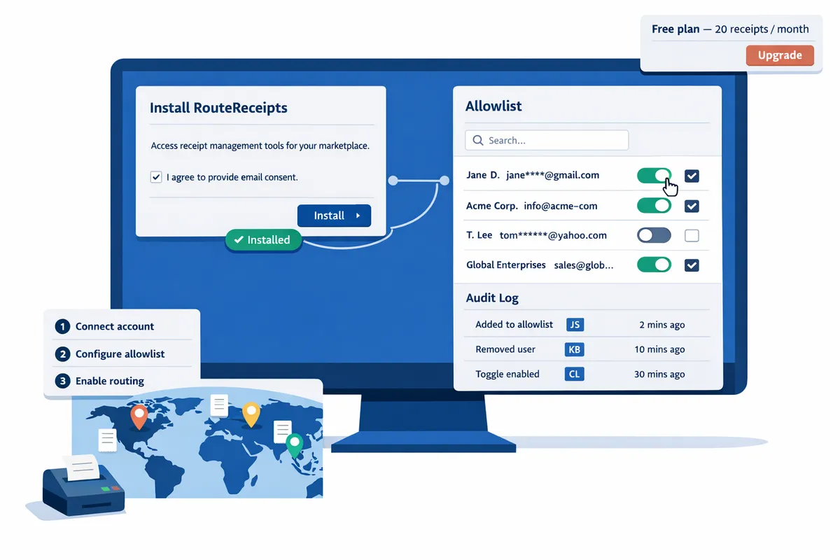 Stripe Dashboard showing RouteReceipts app install screen and allowlist management UI