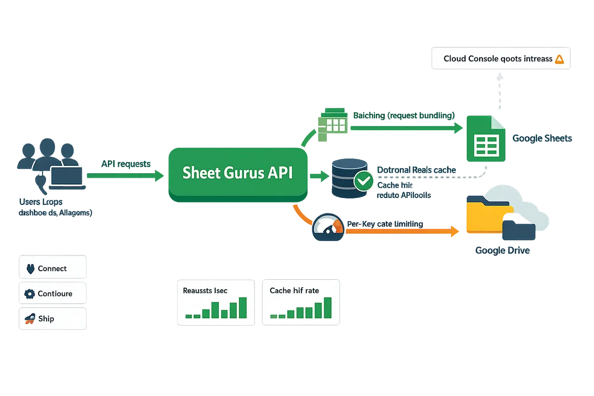 diagram showing batching, caching, and per-key rate-limiting flow between users, Sheet Gurus API, Google Sheets, and Google Drive