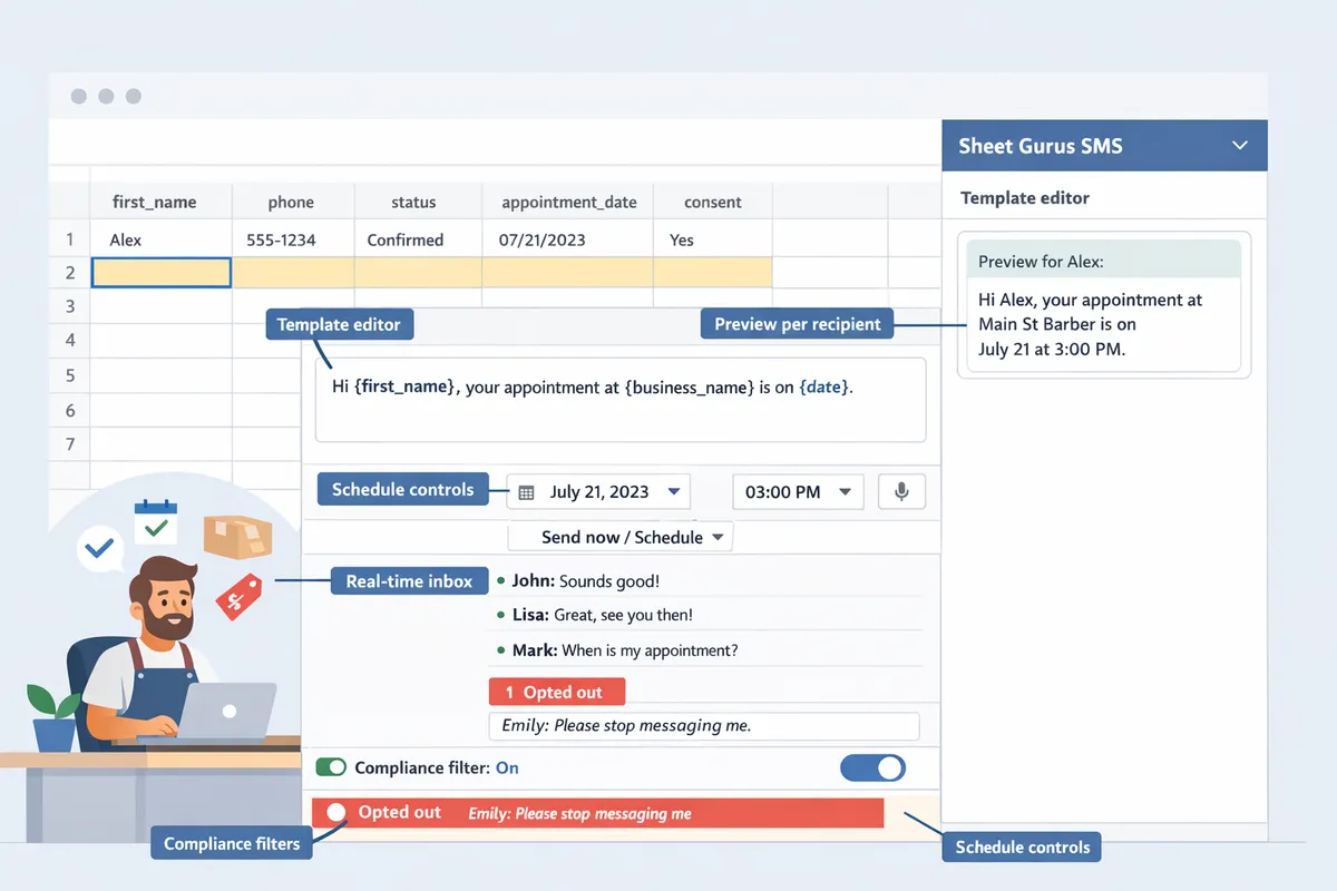 Sheet Gurus SMS sidebar showing a template editor with {first_name} placeholders, preview pane, send schedule options, and real-time inbox messages