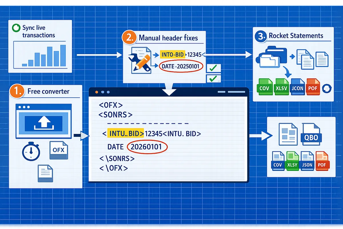 text editor showing an OFX file header with INTU.BID highlighted and date formats circled