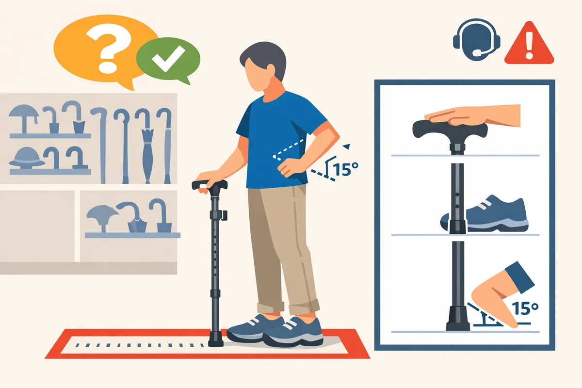 person performing wrist-crease cane measurement while wearing walking shoes, cane tip next to foot and elbow at approximately 15-degree angle