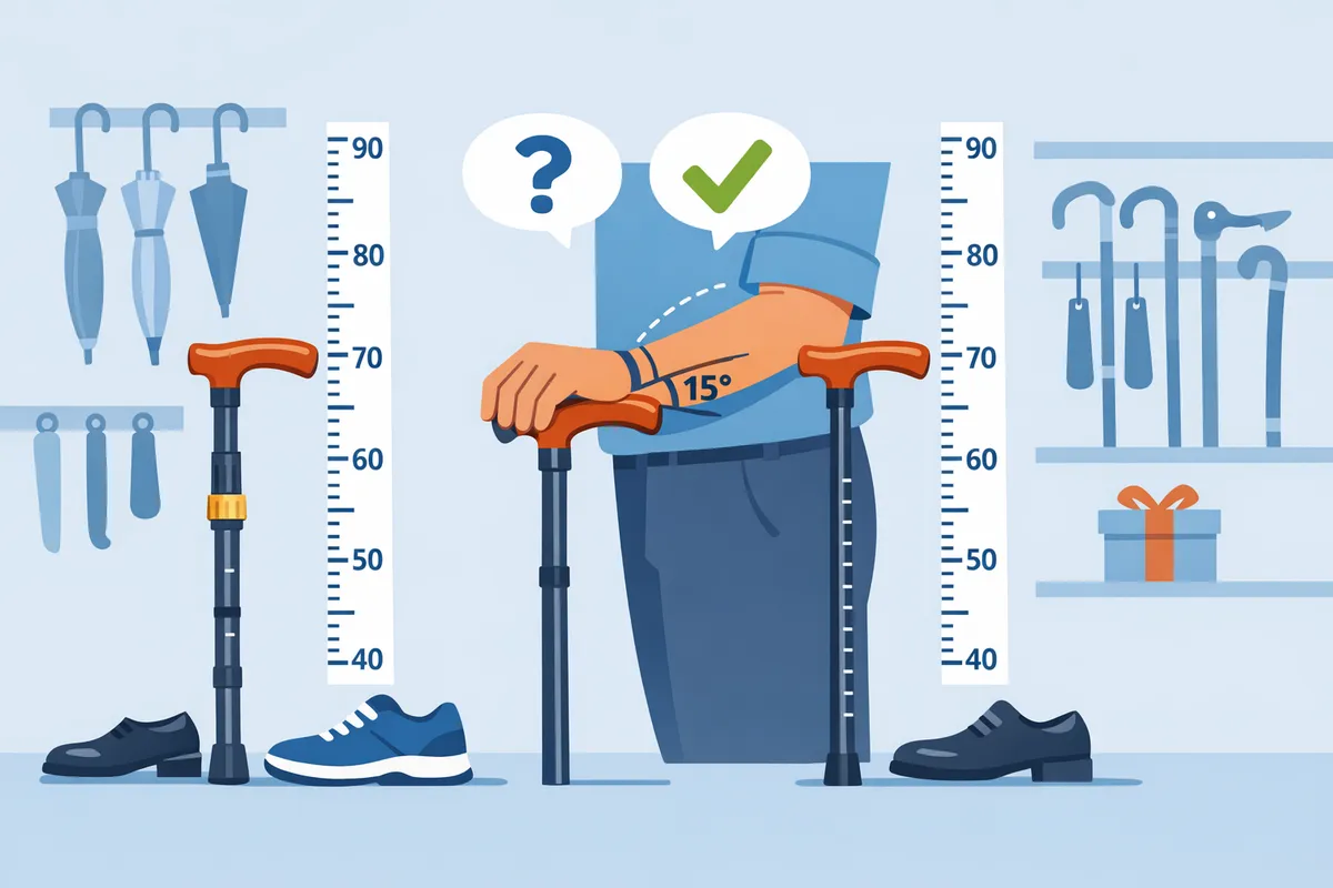 comparison photo of adjustable walking cane next to fixed-length cane with ruler markings and wrist-crease measurement being performed