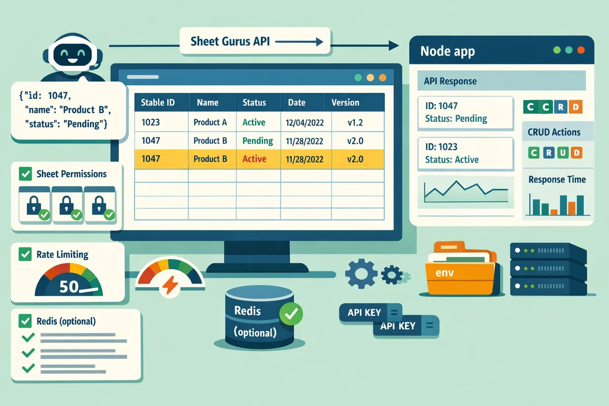 internal ops dashboard showing a Google Sheet driving a Node.js dashboard and an AI assistant querying rows