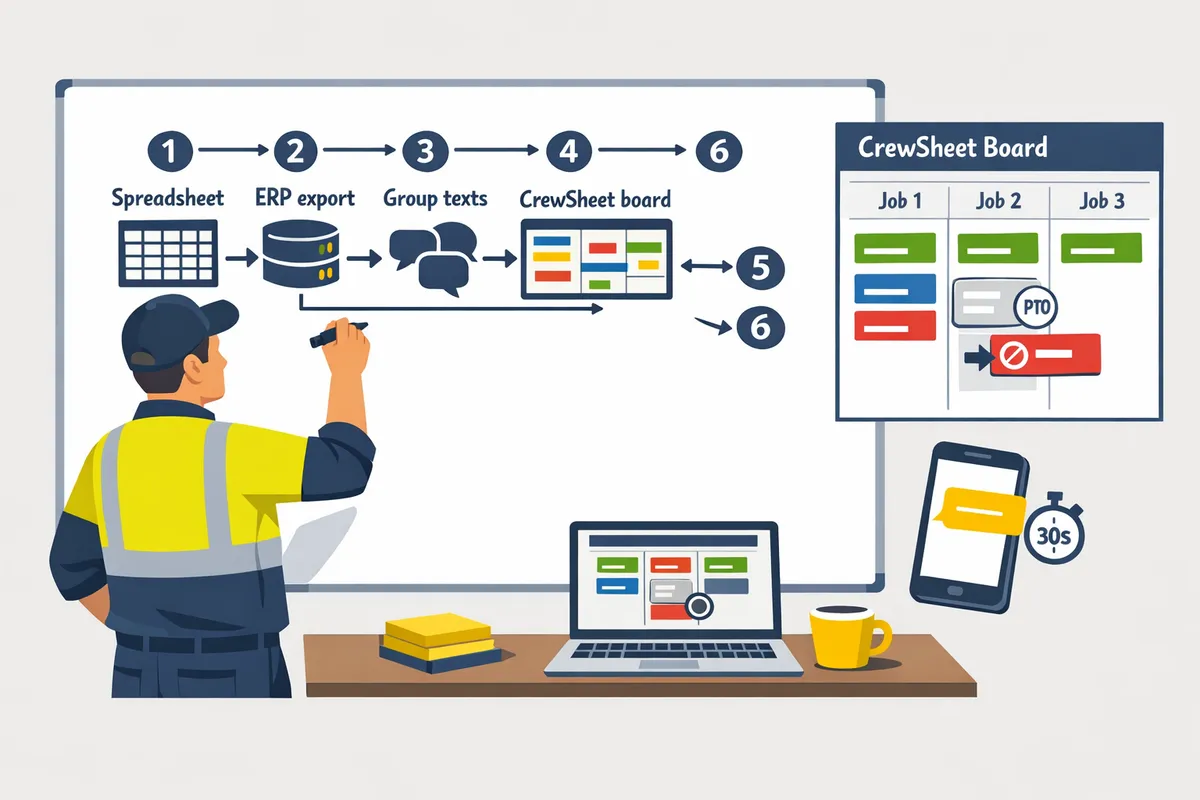 operator drawing a one-page diagram of schedule sources with arrows between Google Sheets, ERP export, group texts, and CrewSheet on a whiteboard