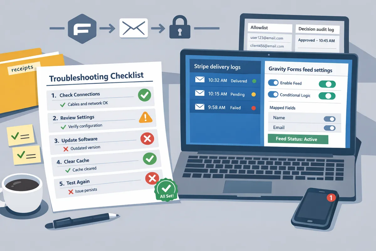 printed troubleshooting checklist on a desk next to a laptop showing Stripe delivery logs and Gravity Forms feed settings