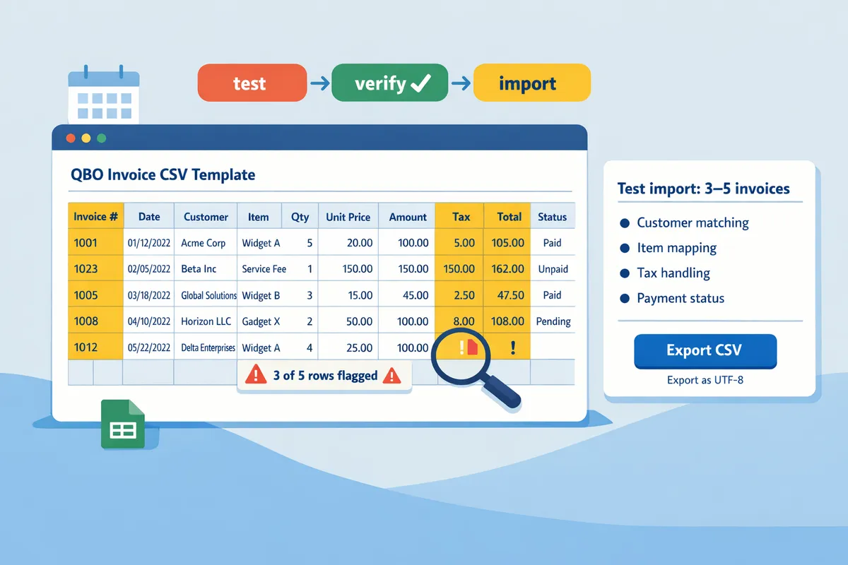spreadsheet showing QBO invoice CSV template with sample rows and highlighted columns